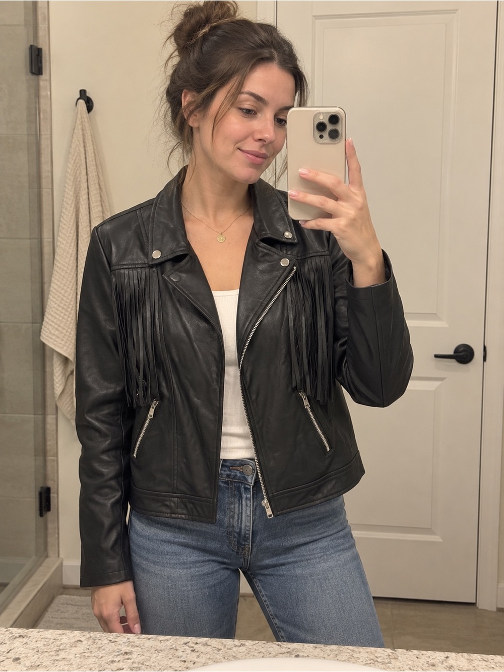 NWT ee:some Black Fringe Leather Moto Jacket with silver hardware